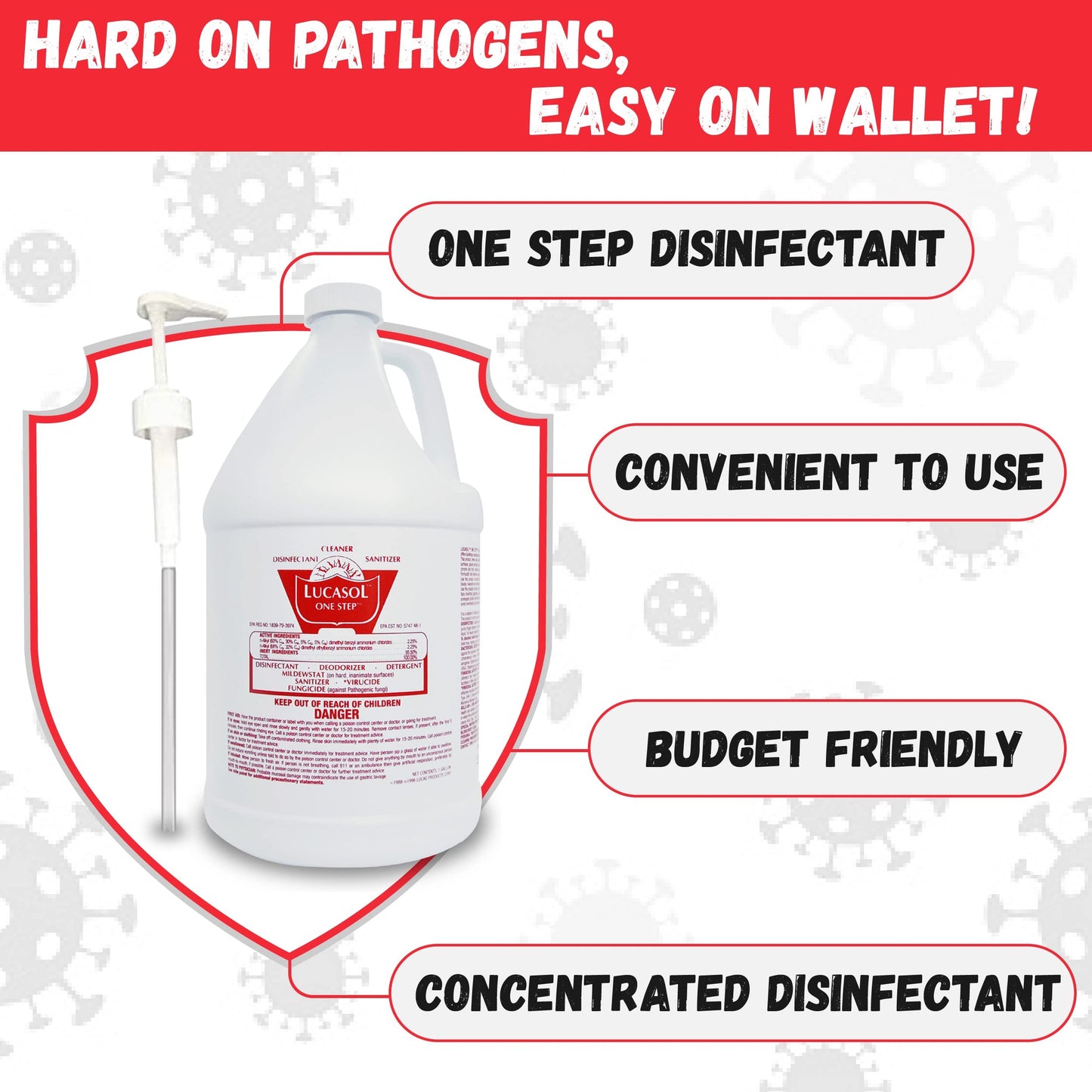 Lucasol One Step Disinfectant 1 Gallon with Dispenser Pump, All Purpose Hospital Grade Cleaner & Sanitizer for Homes, Schools, Salons, and More