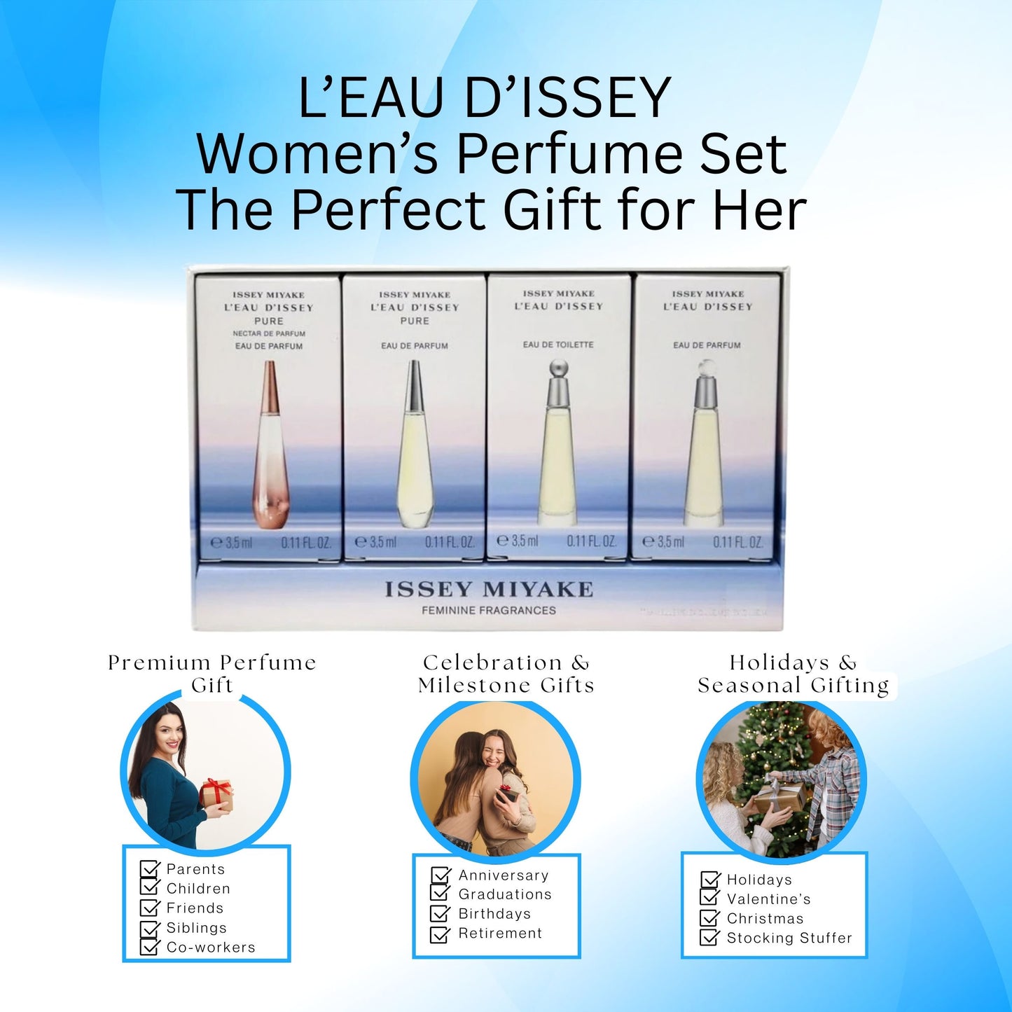 Leau Dissey Miniatures Set by Issey Miyake for Women - 4 Pc Mini Gift Set 4x3.5 ml Leau Dissey EDP, Leau Dissey EDT, Leau Dissey Pure EDP, Leau Dissey Pure Nectar EDP
