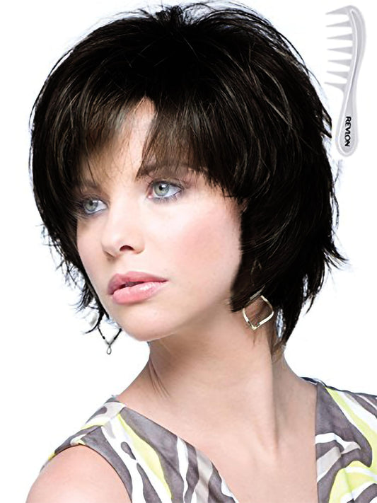 Noriko Sky Wig (Expresso) by Rene of Paris + Wig Lift Comb – Short Layered Synthetic Bob Wig Bundle
