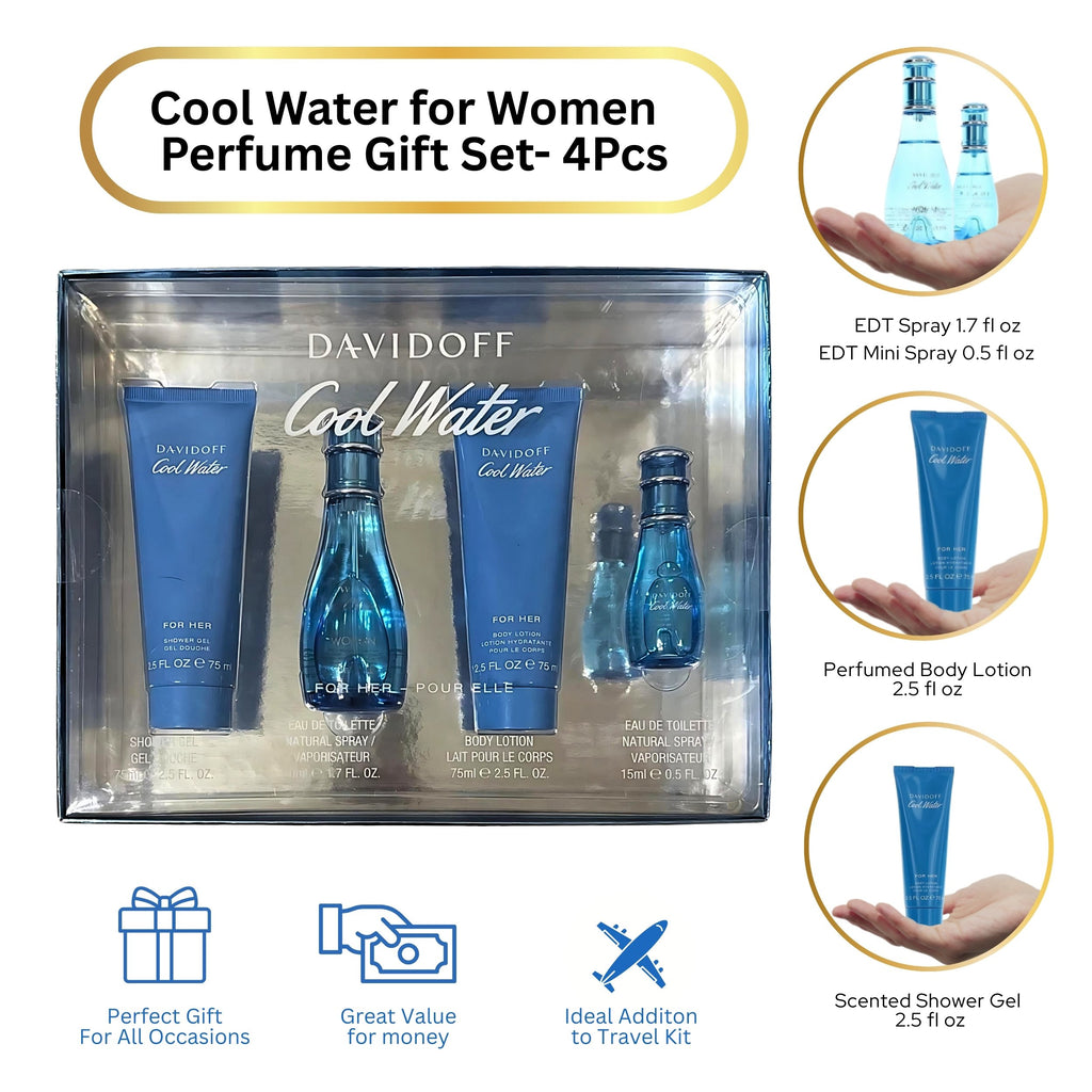 Davidoff Cool Water Perfume Gift Set for Women – 4 Piece Fragrance Collection