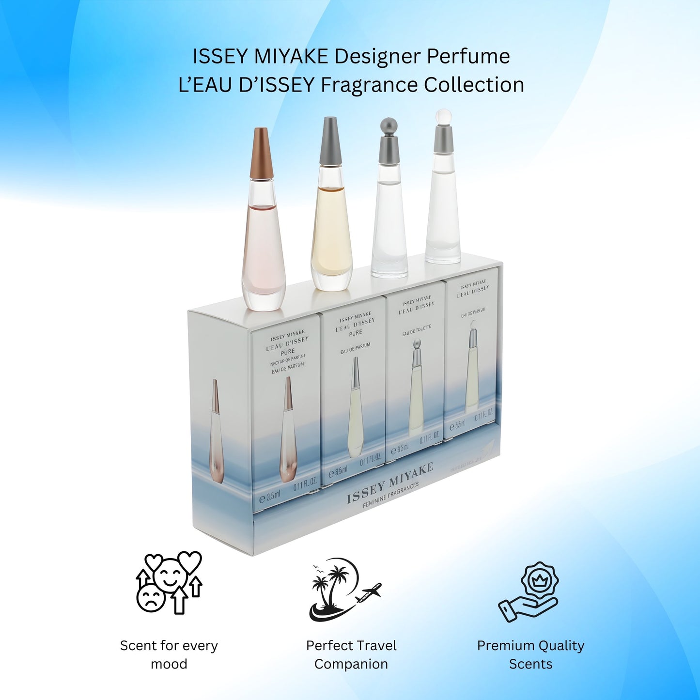 Leau Dissey Miniatures Set by Issey Miyake for Women - 4 Pc Mini Gift Set 4x3.5 ml Leau Dissey EDP, Leau Dissey EDT, Leau Dissey Pure EDP, Leau Dissey Pure Nectar EDP