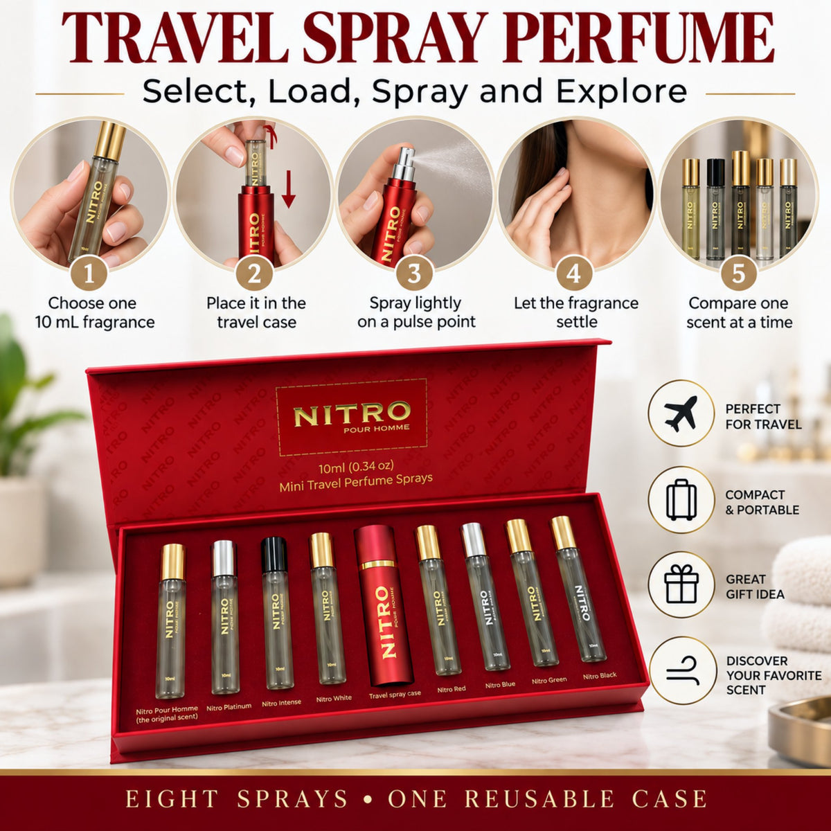 Dumont Nitro Pour Homme Perfume Discovery Set for Men Mini Travel Sprays 8 x 0.34 Fl Oz