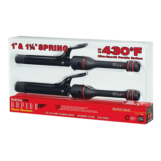 BaByliss Pro Nano Titanium Barrel Rapido 1" & 1¼" Spring Curling Iron Set, Black