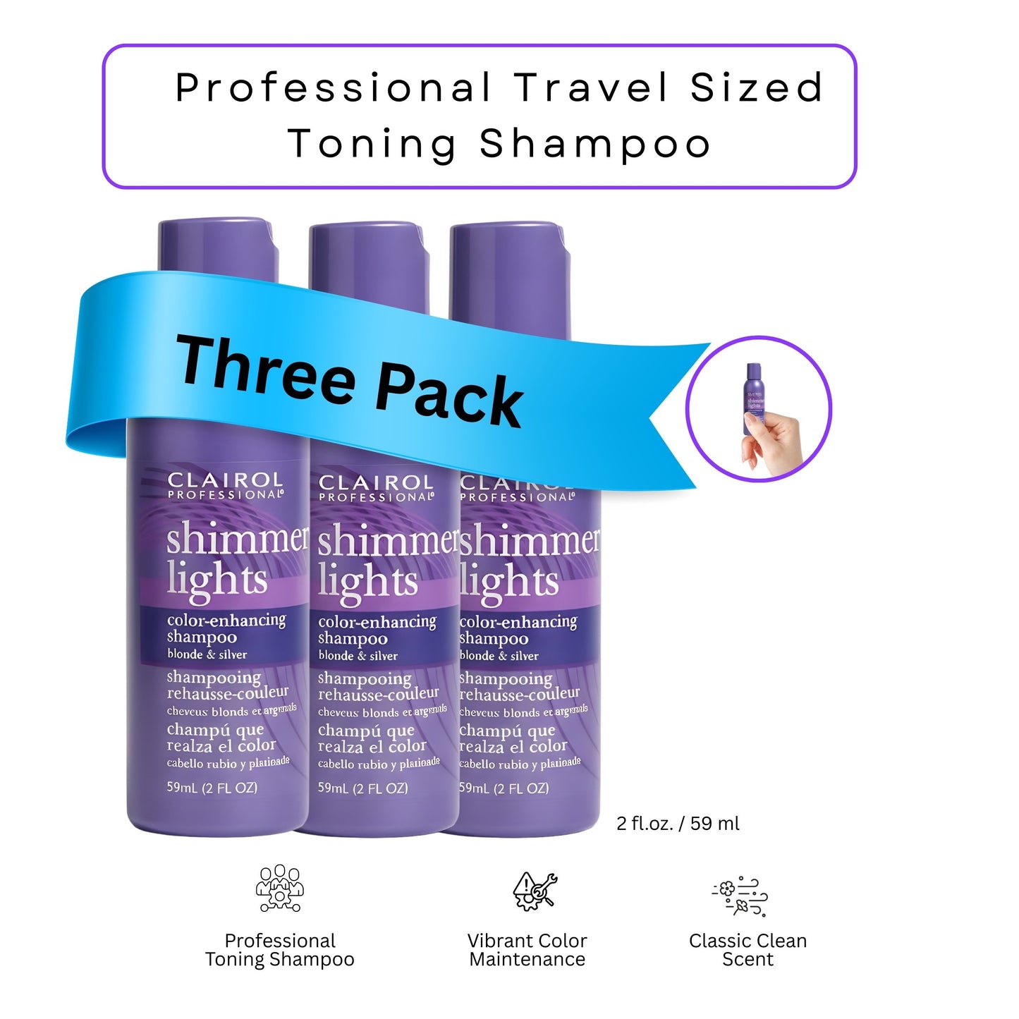 Clairol Shimmer Lights Purple Shampoo – 2 oz Travel Size (3 Pack) for Blonde, Silver & Gray Hair