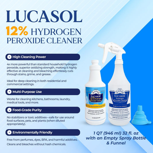 Lucasol Food Grade Hydrogen Peroxide 12% – 1 Quart (32 Fl Oz) with Funnel & Spray Bottle