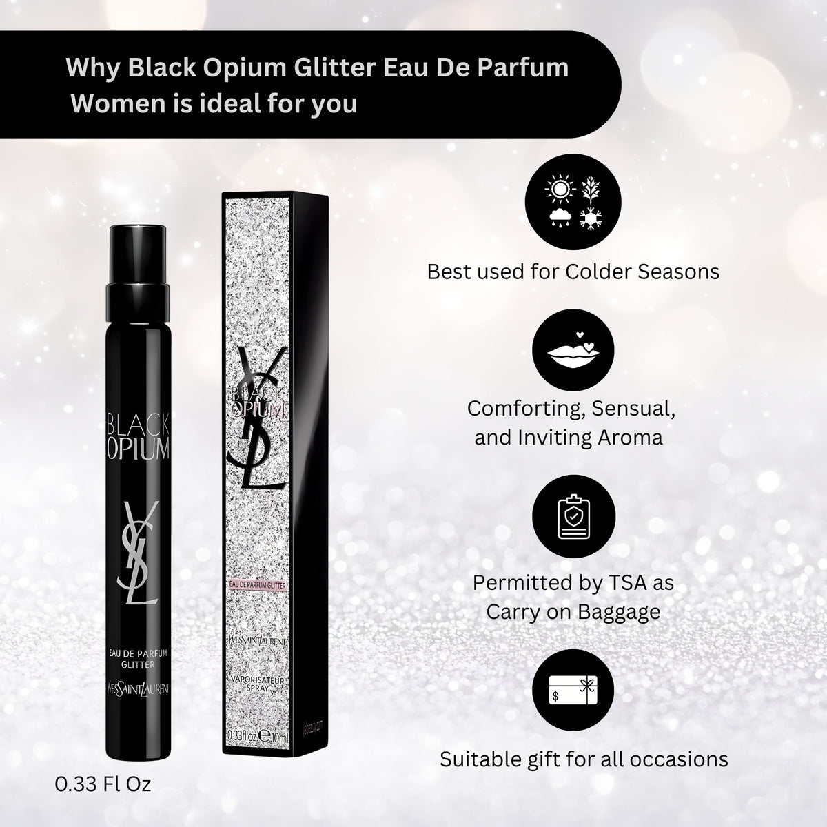Yves Saint Laurent Black Opium Glitter Eau de Parfum for Women, 0.33 fl oz Travel Size Spray