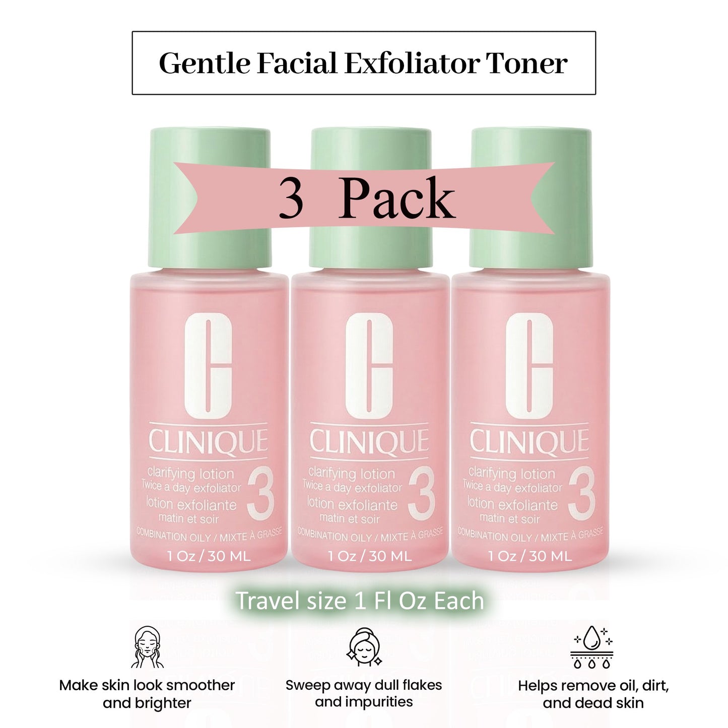 Clinique Clarifying Lotion 3 Exfoliating Toner for Combination Oily Skin - Travel Size Set (3 x 1 oz)