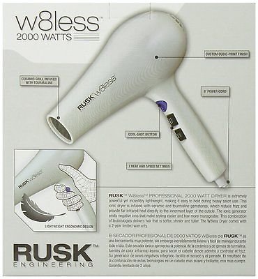 Rusk W8less Professional Lightweight Ceramic Tourmaline Hair Dryer 2000 White