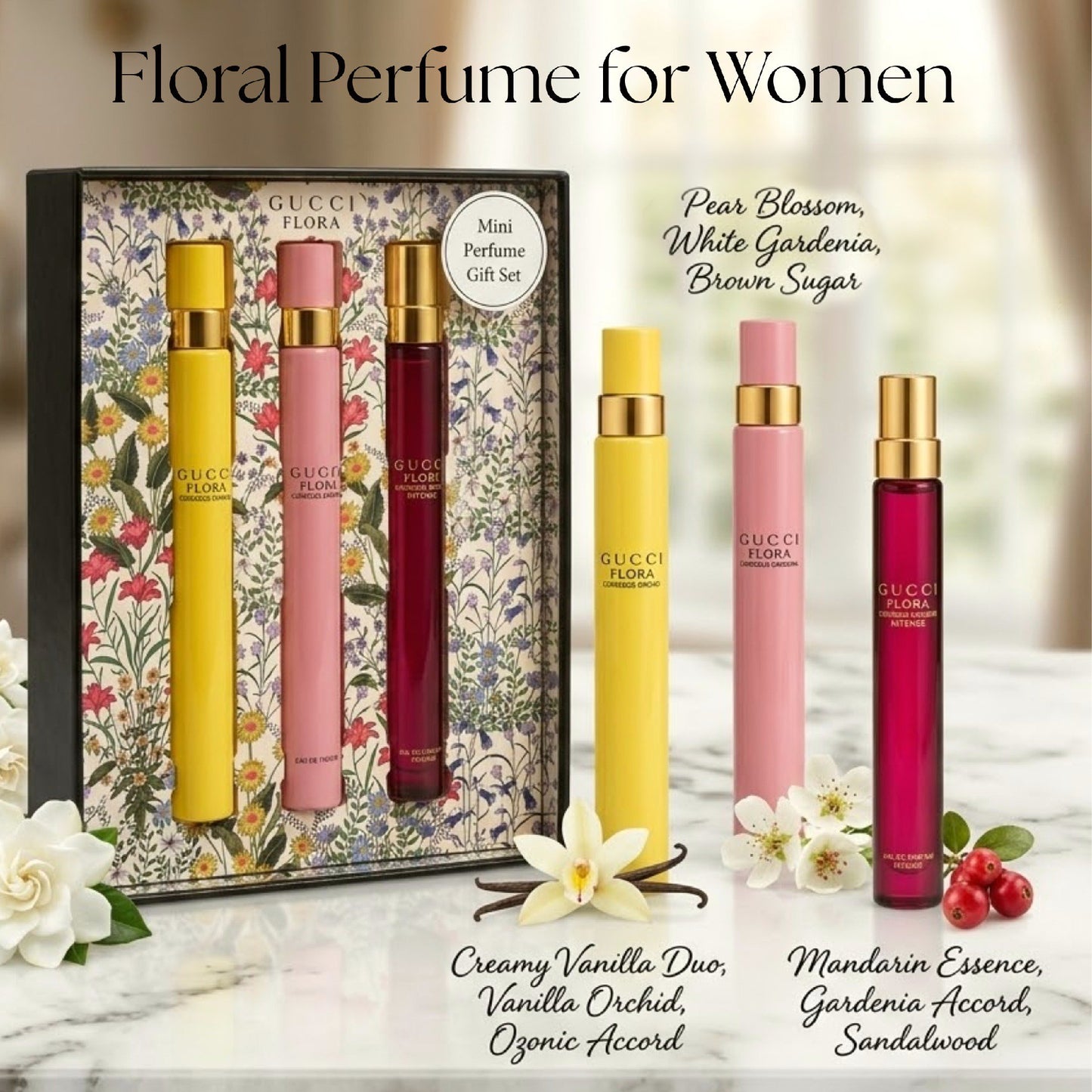 Gucci Flora Gorgeous Perfume for Women Gift Set 3 Piece Mini EDP Travel Spray 0.33 Ounce