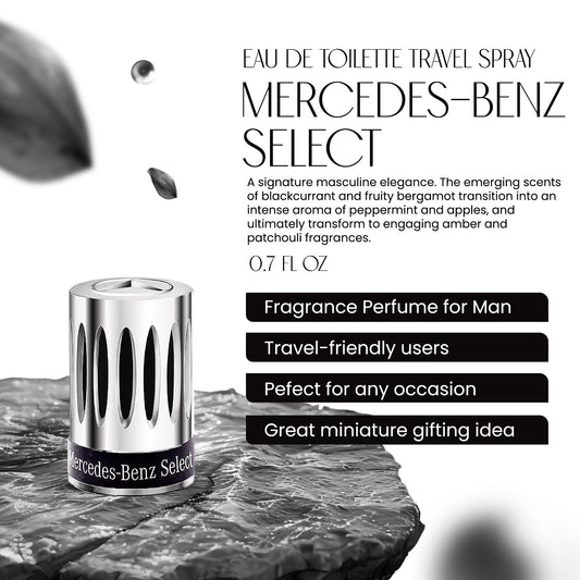 Mercedes-Benz Select Travel Collection, Classic and Legendary with Long-Lasting Notes, Choose The Freshness Of a Fruity Bergamot & Blackcurrant Accord, Eau De Toilette, Original, 0.68 Oz