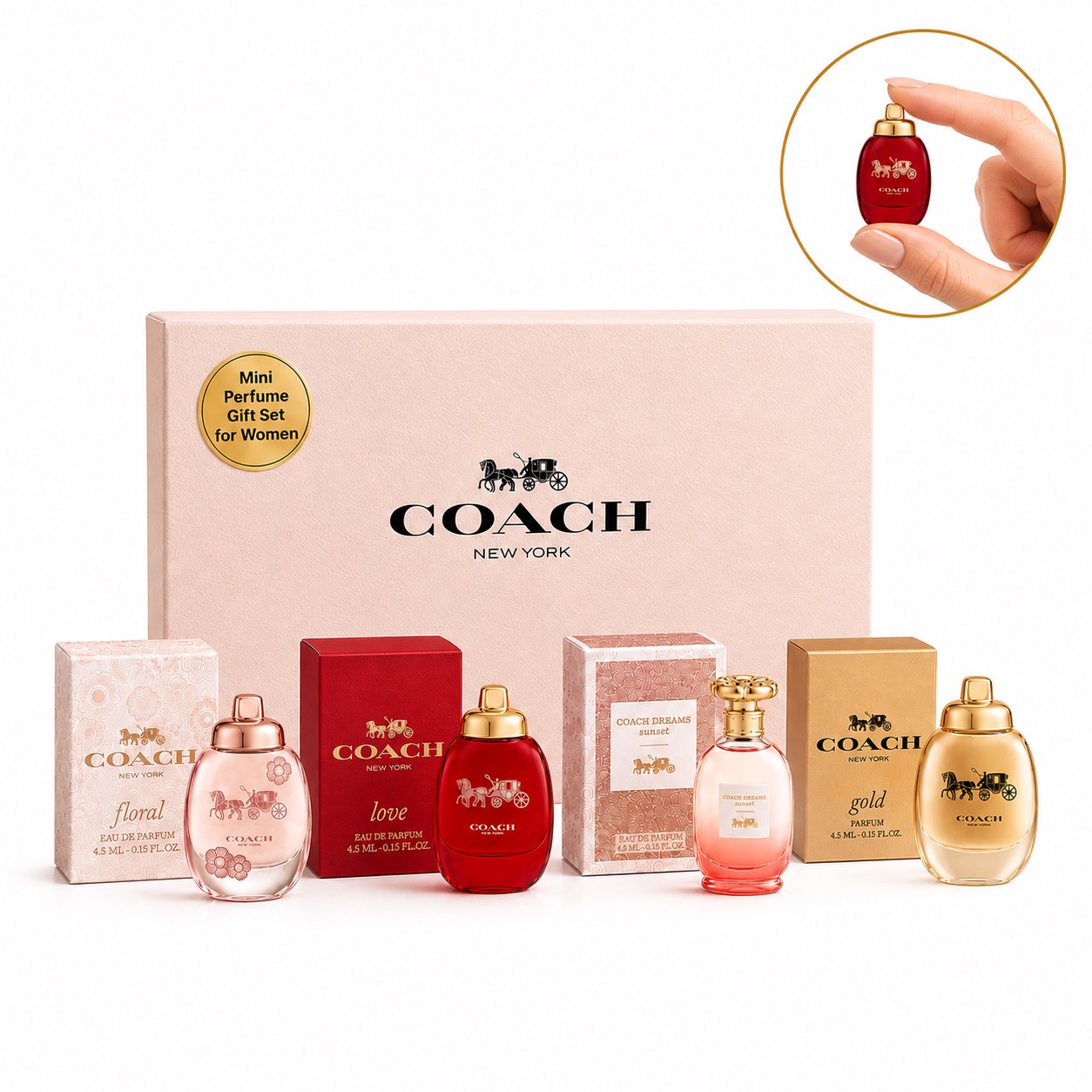 Coach New York Mini Fragrance Gift Set for Women 4-Piece 4.5 mL Each, Floral EDP, Love EDP, Gold Parfum, Dreams Sunset EDP