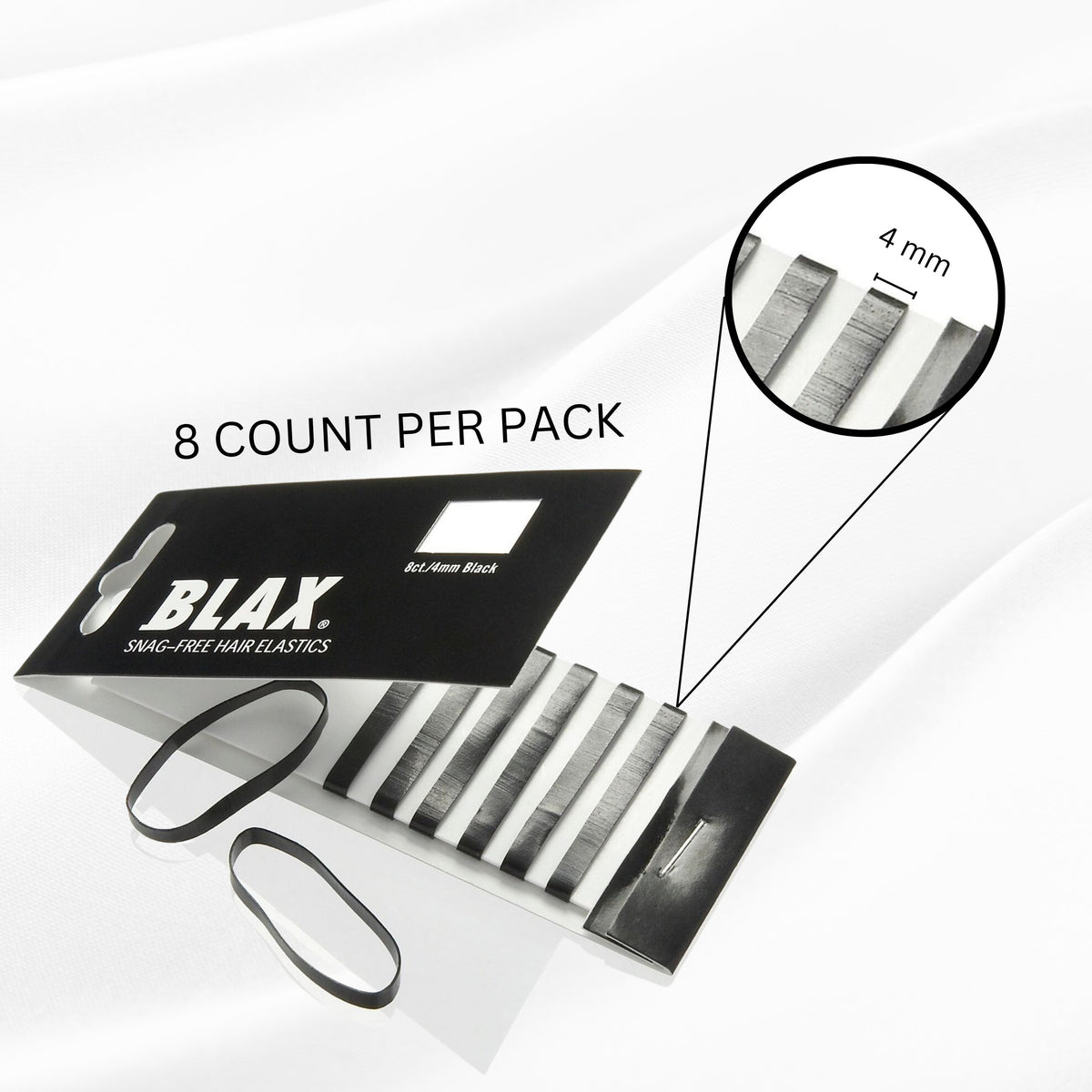 Blax Black Elastic Hair Ties - Snag-Free, Seamless, No-Damage Bands, 4mm 8 Count