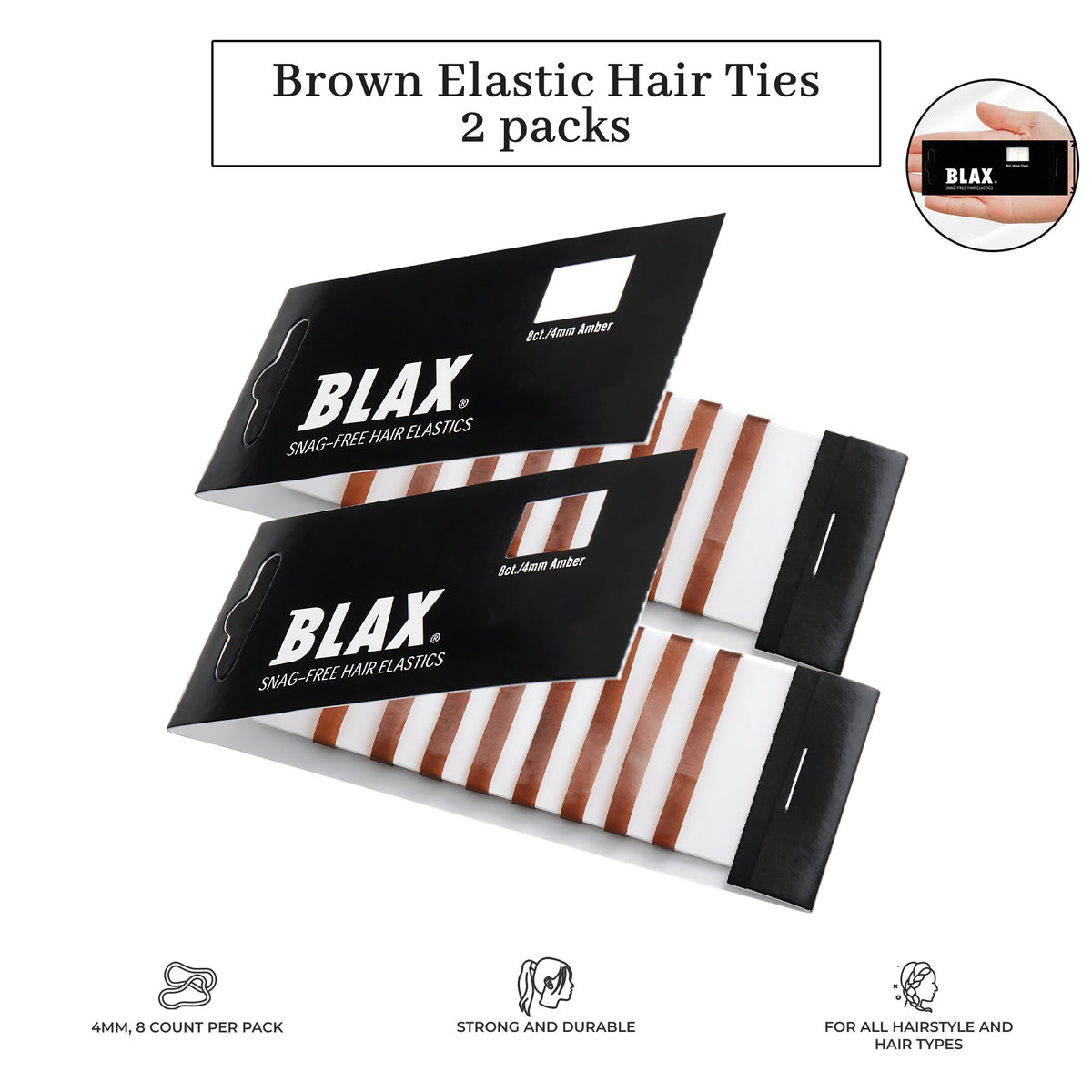 BROWN Hair Elastics 4mm, 8 count (2-pack)