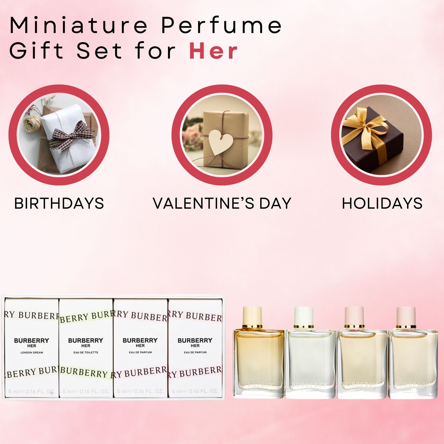 Burberry Her Miniature Coffret Set for Women – 4 Piece Perfume Collection (0.16 oz Each)