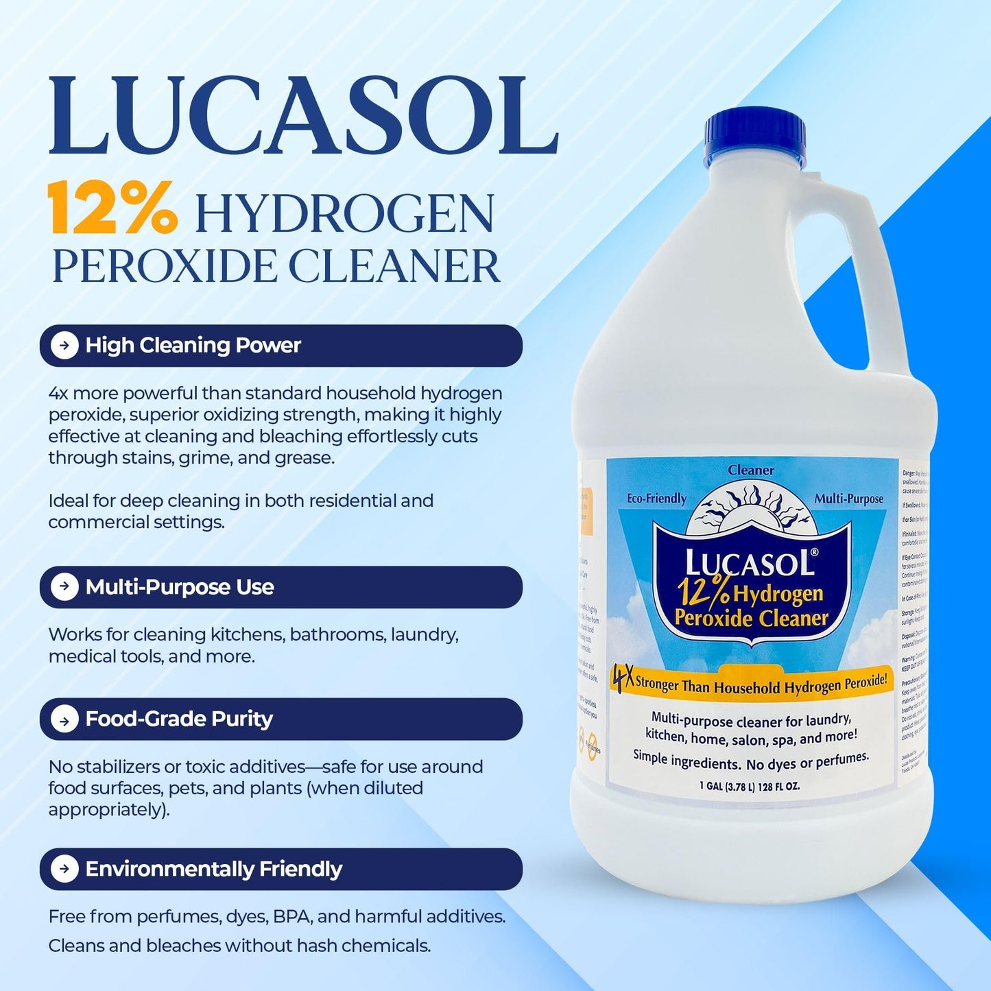 Lucasol Food Grade Hydrogen Peroxide 12% – 1 Gallon (128 Fl Oz) with Funnel