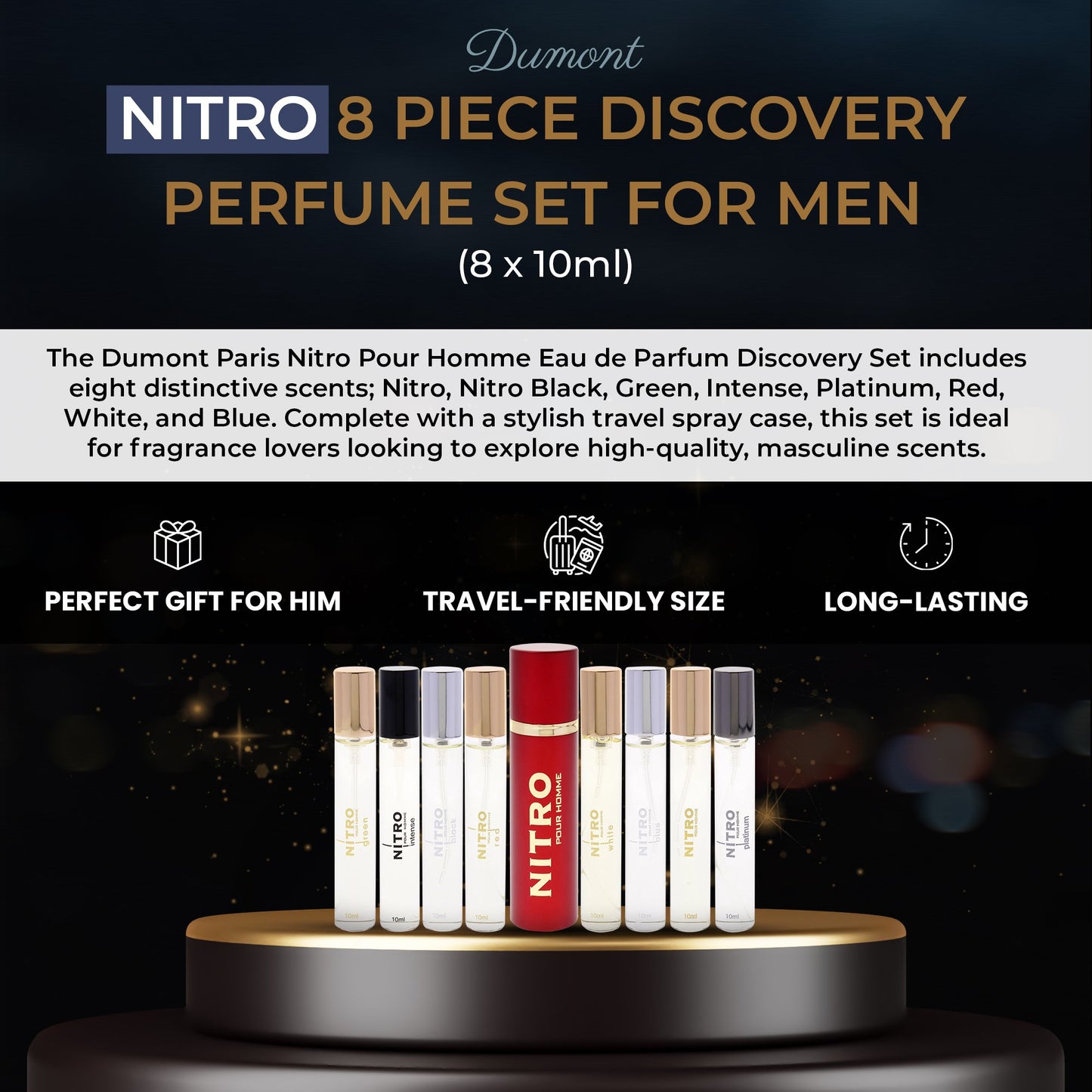 NITRO DUMONT PARIS POUR HOMME 9 * 0.34 EAU DE PARFUM SPRAY SET: NITRO + NITRO BLACK + NITRO GREEN + NITRO INTENSE + NITRO PLATINUM + NITRO RED + NITRO WHITE + NITRO BLUE + TRAVEL SPRAY CASE