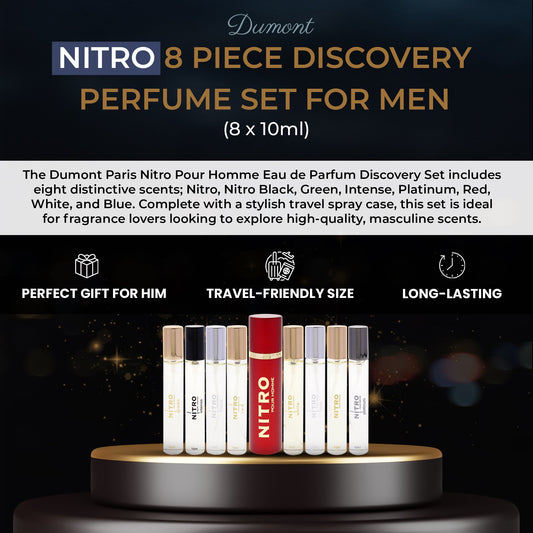 NITRO DUMONT PARIS POUR HOMME 9 * 0.34 EAU DE PARFUM SPRAY SET: NITRO + NITRO BLACK + NITRO GREEN + NITRO INTENSE + NITRO PLATINUM + NITRO RED + NITRO WHITE + NITRO BLUE + TRAVEL SPRAY CASE