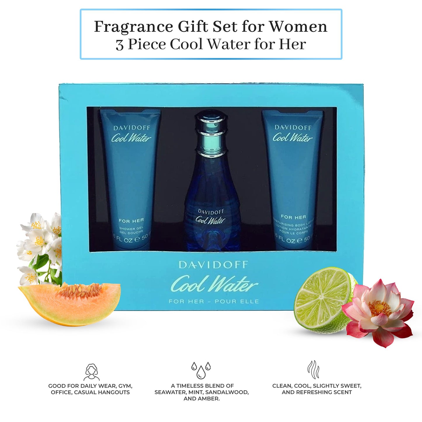Davidoff Cool Water Perfume Gift Set for Women – 3 Piece Fragrance & Body Care Set