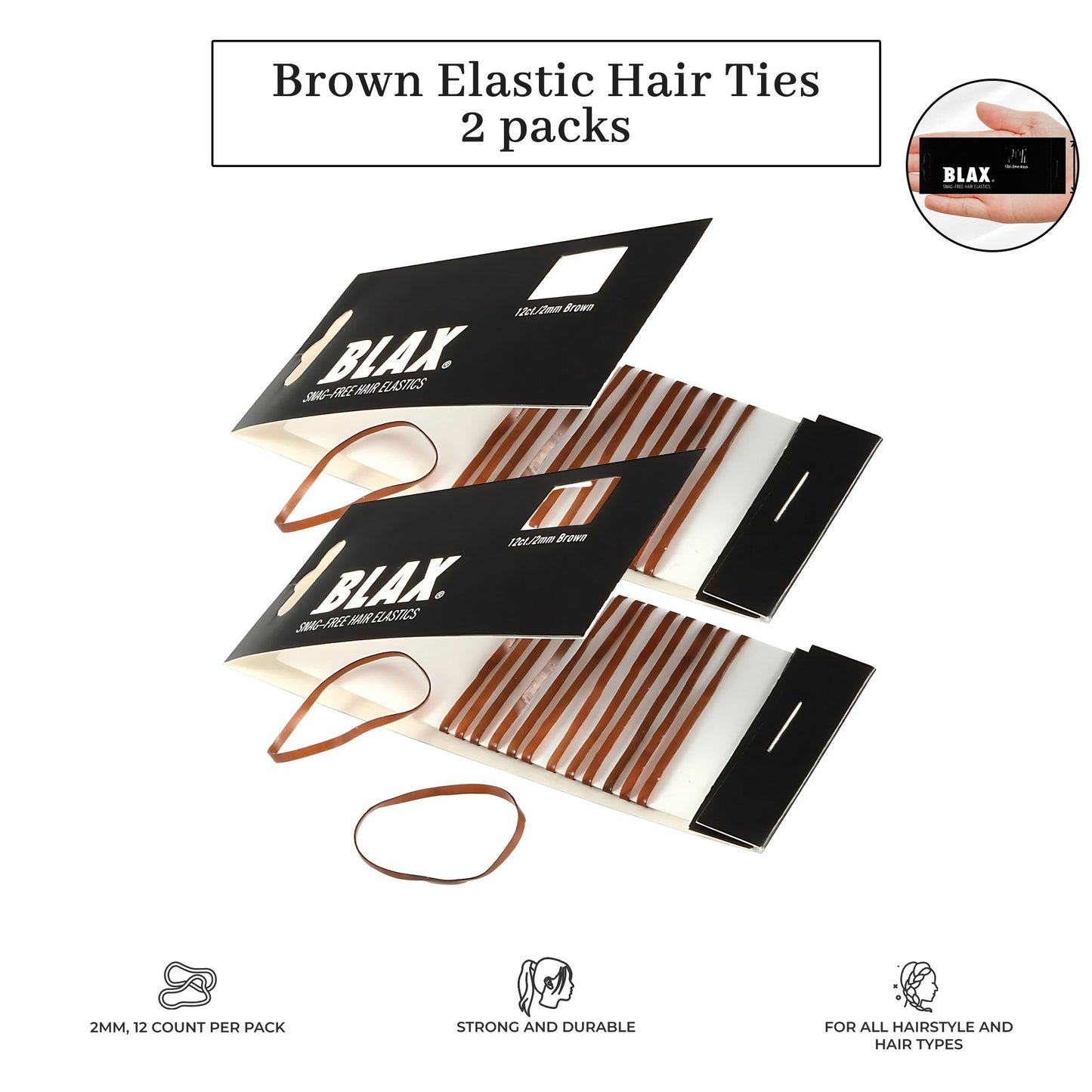 Blax Brown Hair Elastics – 2mm Snag-Free Seamless Hair Ties (12 Count, 2 Pack | 24 Total)