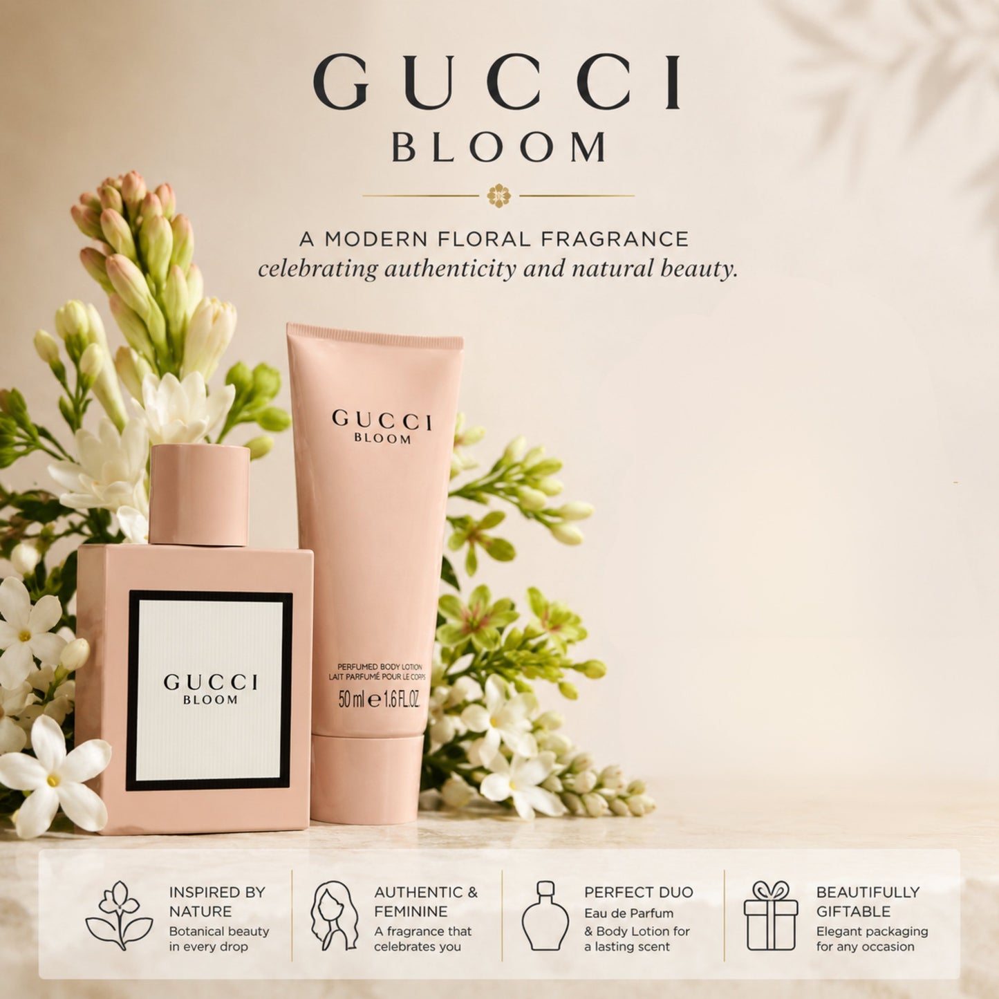 Gucci Bloom by Gucci for Women - 2 Pc Gift Set 1.6oz EDP Spray, 1.6oz Perfumed Body Lotion