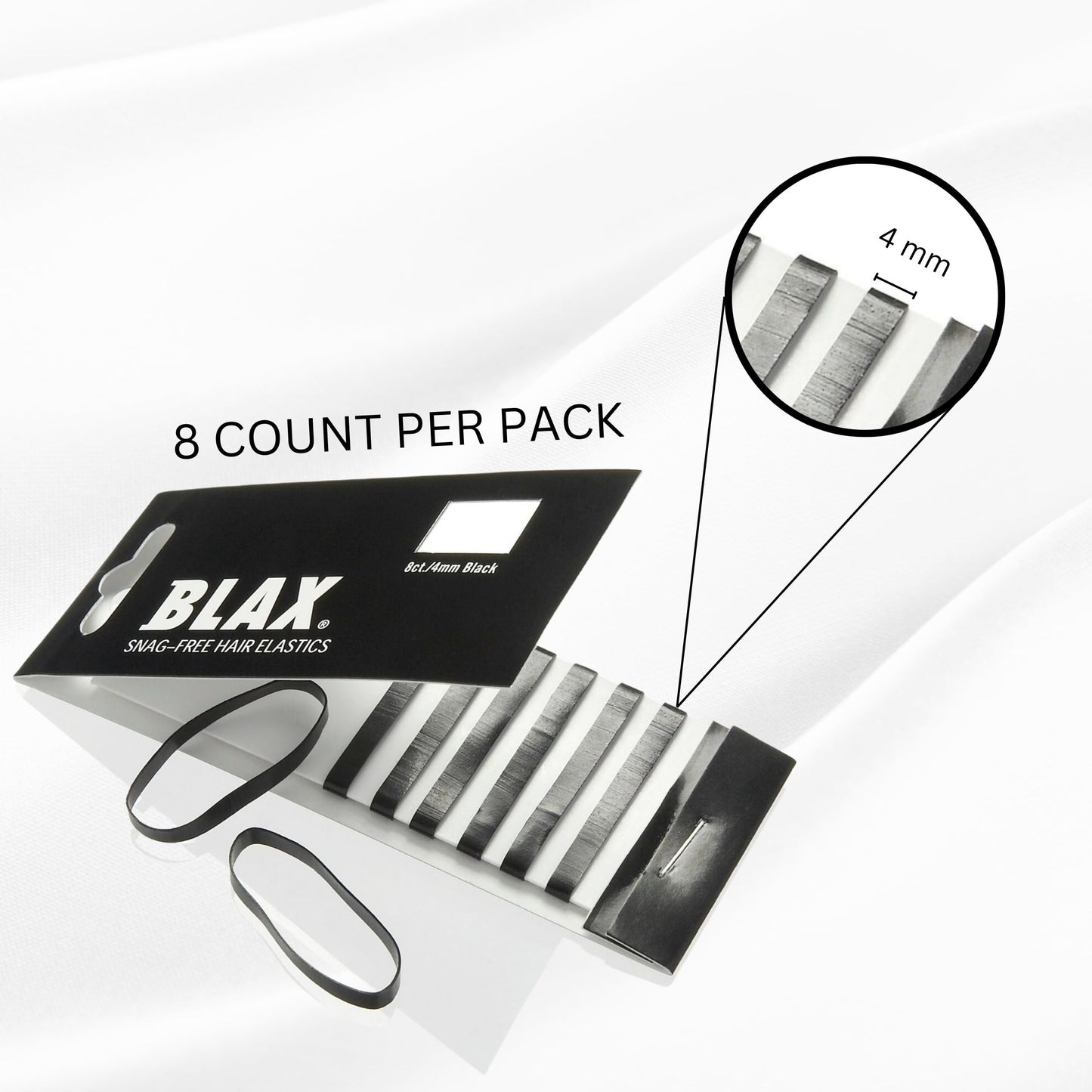 Blax Black Elastic Hair Ties - Snag-Free, Seamless, No-Damage Bands, 4mm 8 Count (2 Pack)