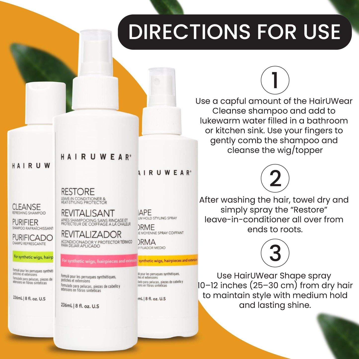 HairUWear Cleansing Shampoo, Restoring Conditioner and Styling Spray Essential Hair Care 8 Ounce…