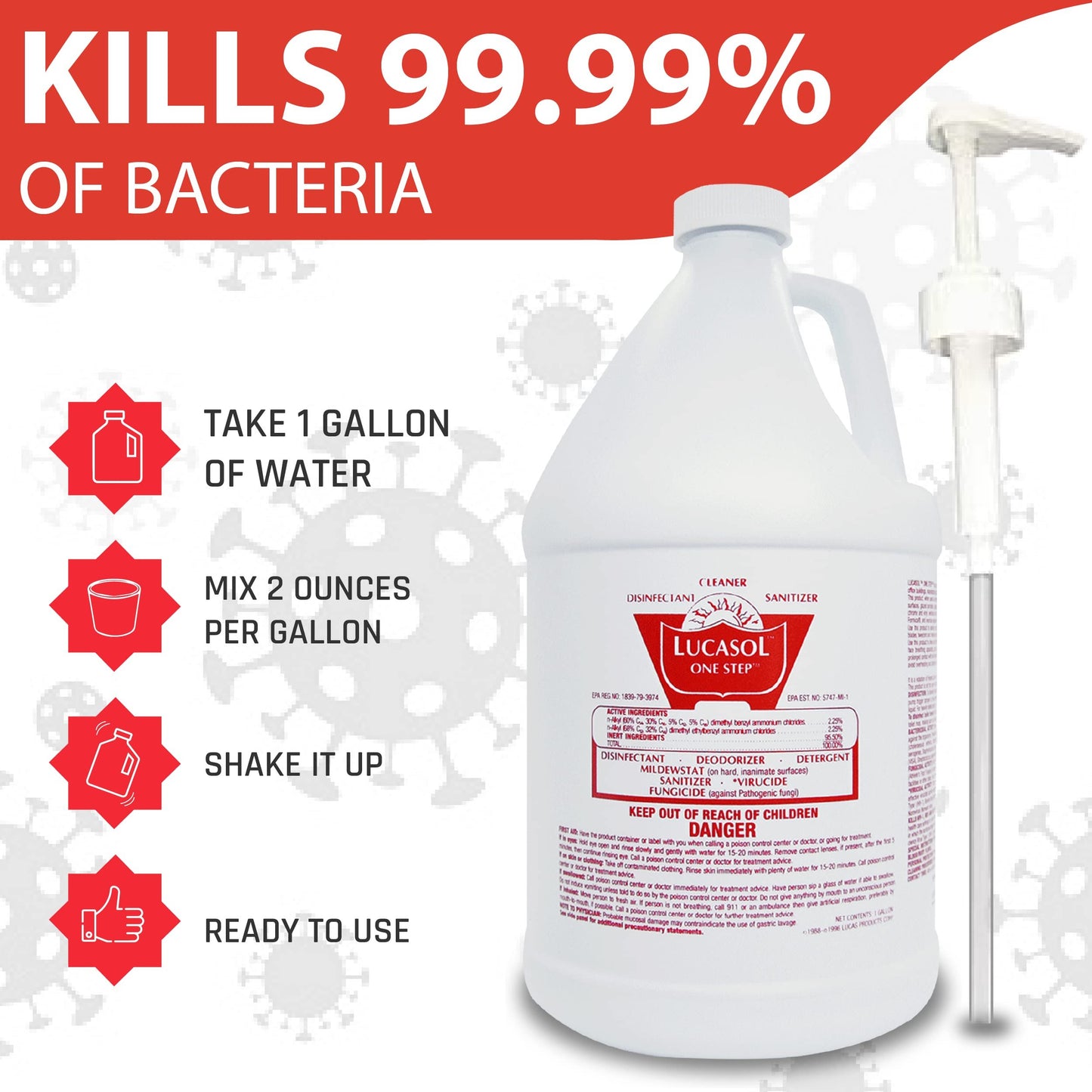 Lucasol One Step Disinfectant 1 Gallon with Dispenser Pump, All Purpose Hospital Grade Cleaner & Sanitizer for Homes, Schools, Salons, and More