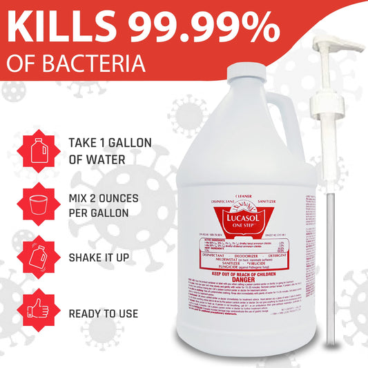 Lucasol One Step Disinfectant 1 Gallon with Dispenser Pump, All Purpose Hospital Grade Cleaner & Sanitizer for Homes, Schools, Salons, and More