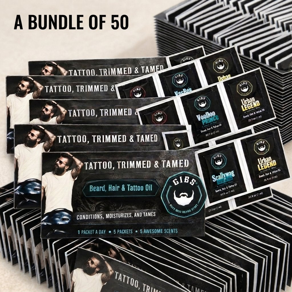 Gibs Beard, Hair & Tattoo Oil, Moisturizing Scented Men's Grooming Oil BUNDLE OF 50