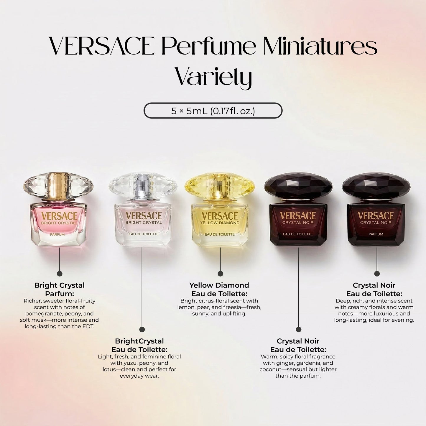 Versace Perfume for Women Gift Set –Mini Variety Splashes,  5 Piece  0.17 oz Each
