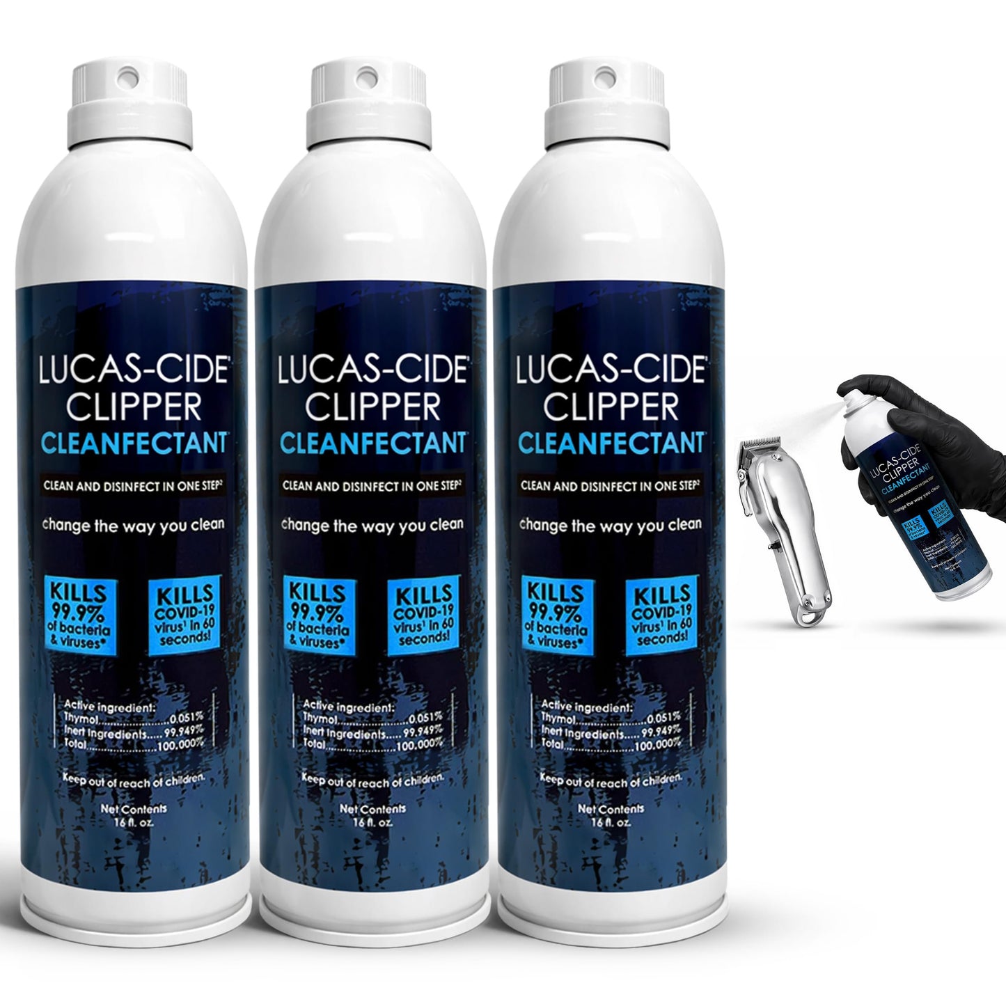 LUCAS-CIDE Cleaner, Cool and Care Clipper Spray, Sanitizer for Hair Clippers, Salon & Household Essentials 16 Fl Oz - Set of 3