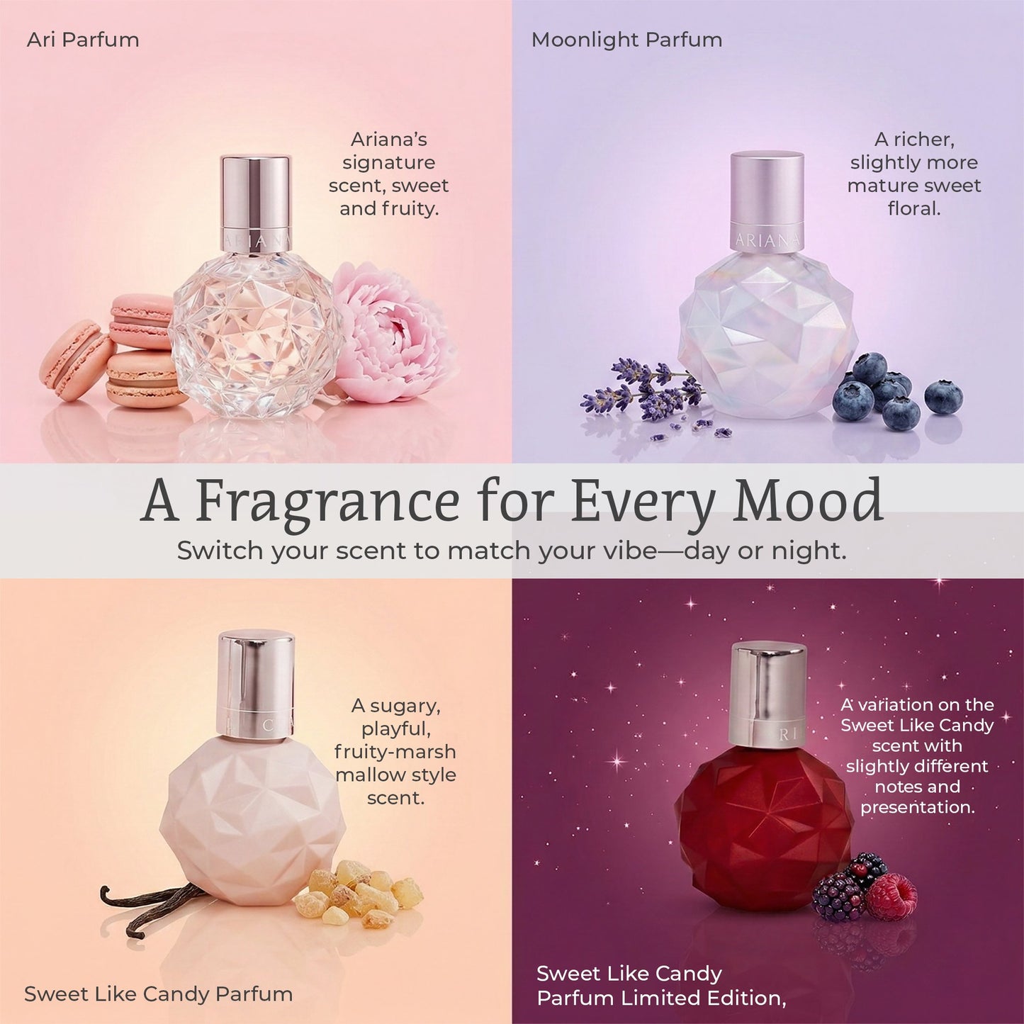 Ariana Grande 4 Piece Gift Set Eau De Parfum Splash Sweet Like Candy, Moonlight, Ari, Sweet Like Candy Limited Edition - 0.25 FL OZ / 7.5 ML (4X)
