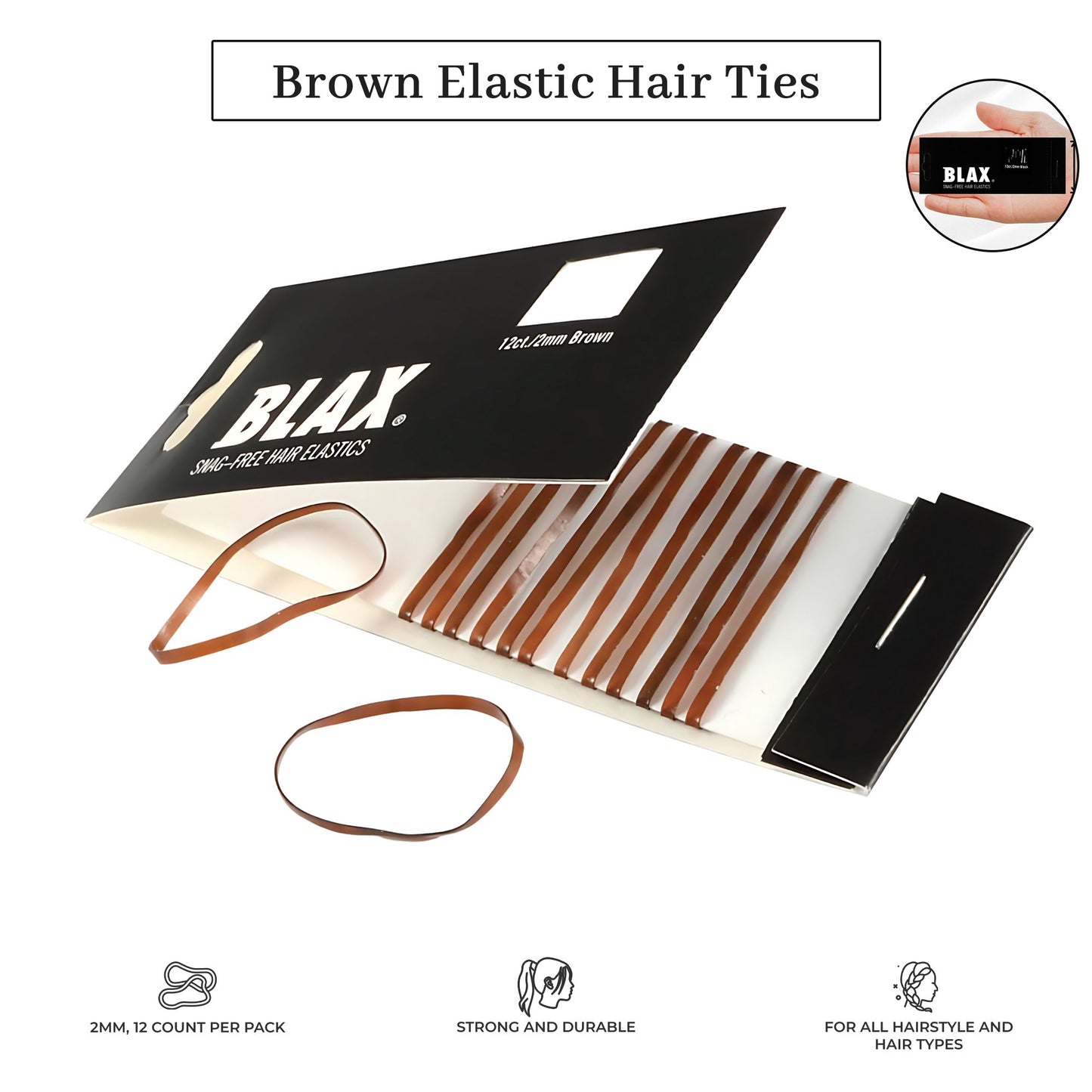 Blax Brown Hair Elastics – Snag-Free Seamless Hair Ties, No-Damage Hair Rubber Bands, 2mm 12 Count