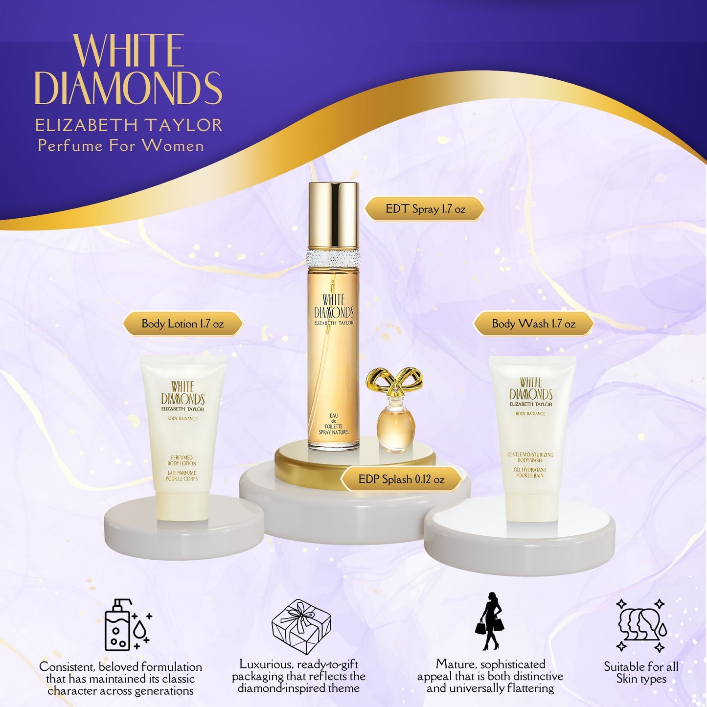 Elizabeth Taylor White Diamonds Perfume for Women Gift Set
Body Wash, Lotion, Perfume 1.7 oz. & 0.12 oz.