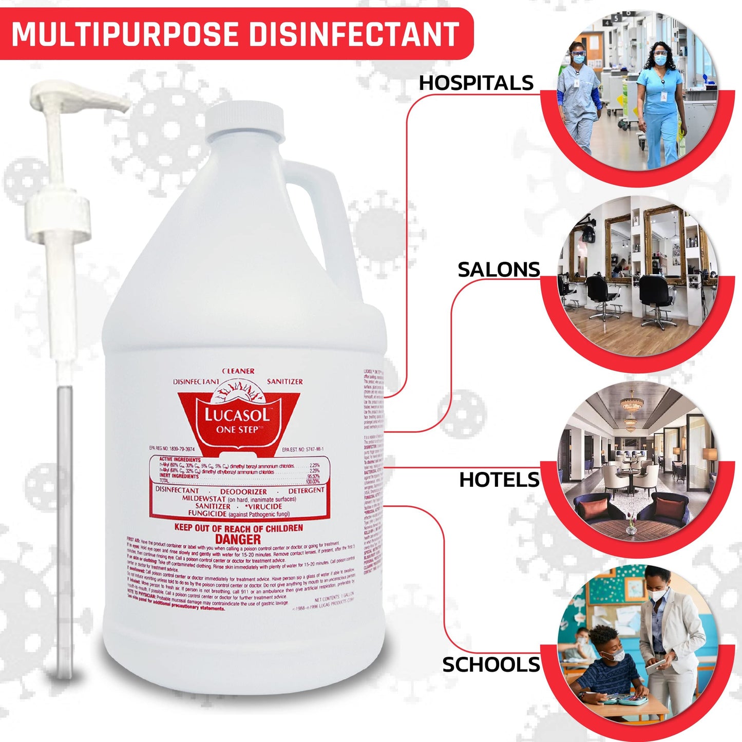 Lucasol One Step Disinfectant 1 Gallon with Dispenser Pump, All Purpose Hospital Grade Cleaner & Sanitizer for Homes, Schools, Salons, and More