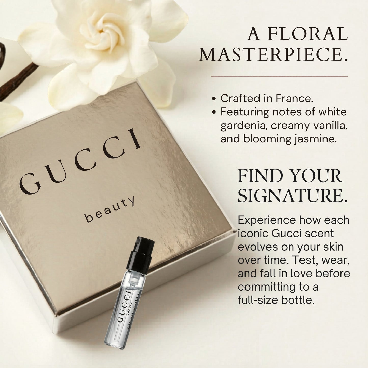 Gucci FLORA Sample Perfume WOMEN GIFT SET FLORA GOREGEOUS GARDENIA, FLORA GORGEOUS ORCHID, BLOOM, GUILTY Pour Femme - 1.5 ml / 0.05 oz - set of 4 spray samples (7760)