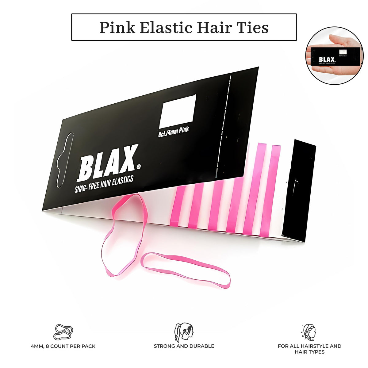 >Blax Pink Hair Elastics – 4mm Snag-Free Seamless Hair Ties (8 Count