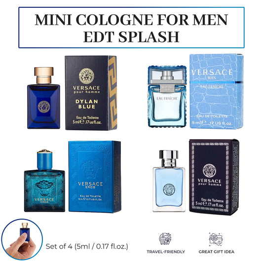 Versace Cologne for Men Set of 4 Mini Eros, Pour Homme, Dylan Blue, Eau Fraiche Perfume for Men Fragrance Sampler Set - Designer Mens Cologne Samples (4 Count, 0.17 oz)