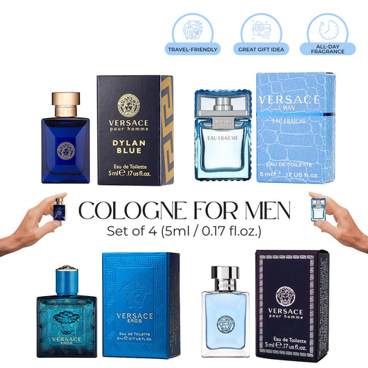 Versace Cologne for Men Set of 4 Mini Eros, Pour Homme, Dylan Blue, Eau Fraiche Perfume for Men Fragrance Sampler Set - Designer Mens Cologne Samples (4 Count, 0.17 oz)