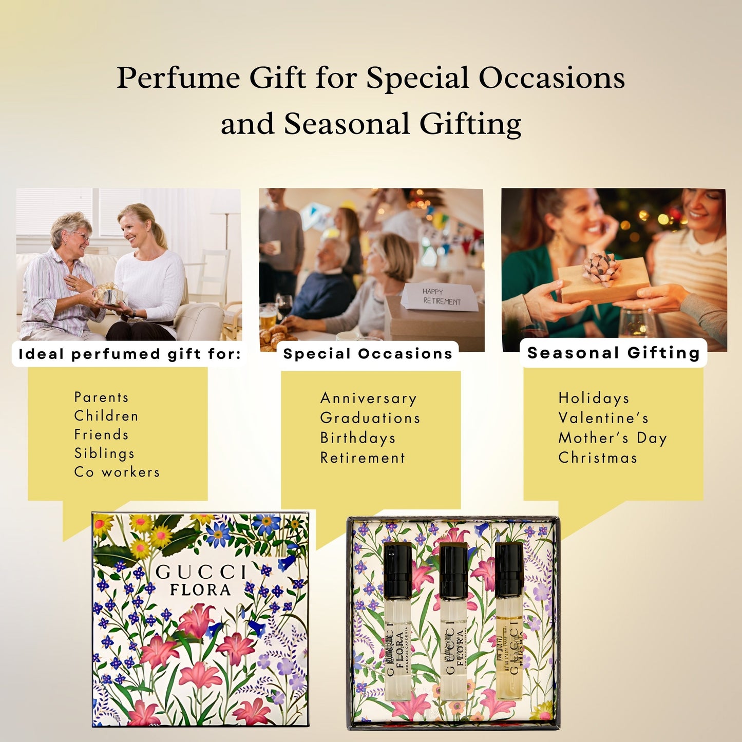 Gucci Flora Perfume Gift Set for Women Mini Fragrance Travel Spray Gift Sampler, EDP Luxury Fragrance Vials (3 x 0.05 fl oz)