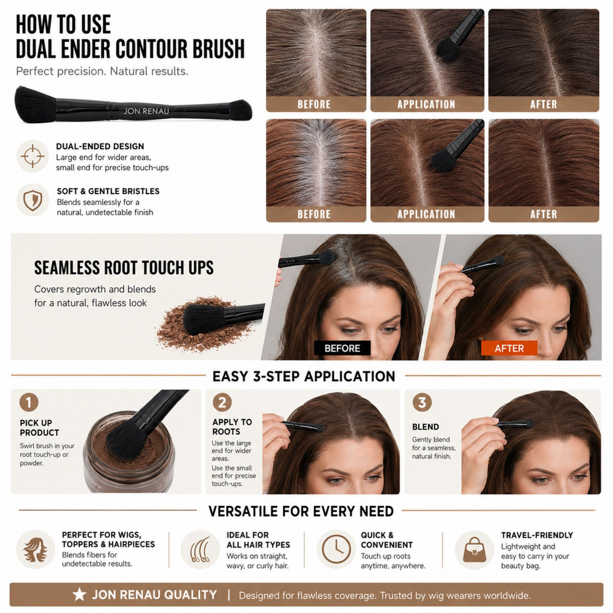 Jon Renau Applicator Cosmetic Brush for Makeup & Hair Powder Application
