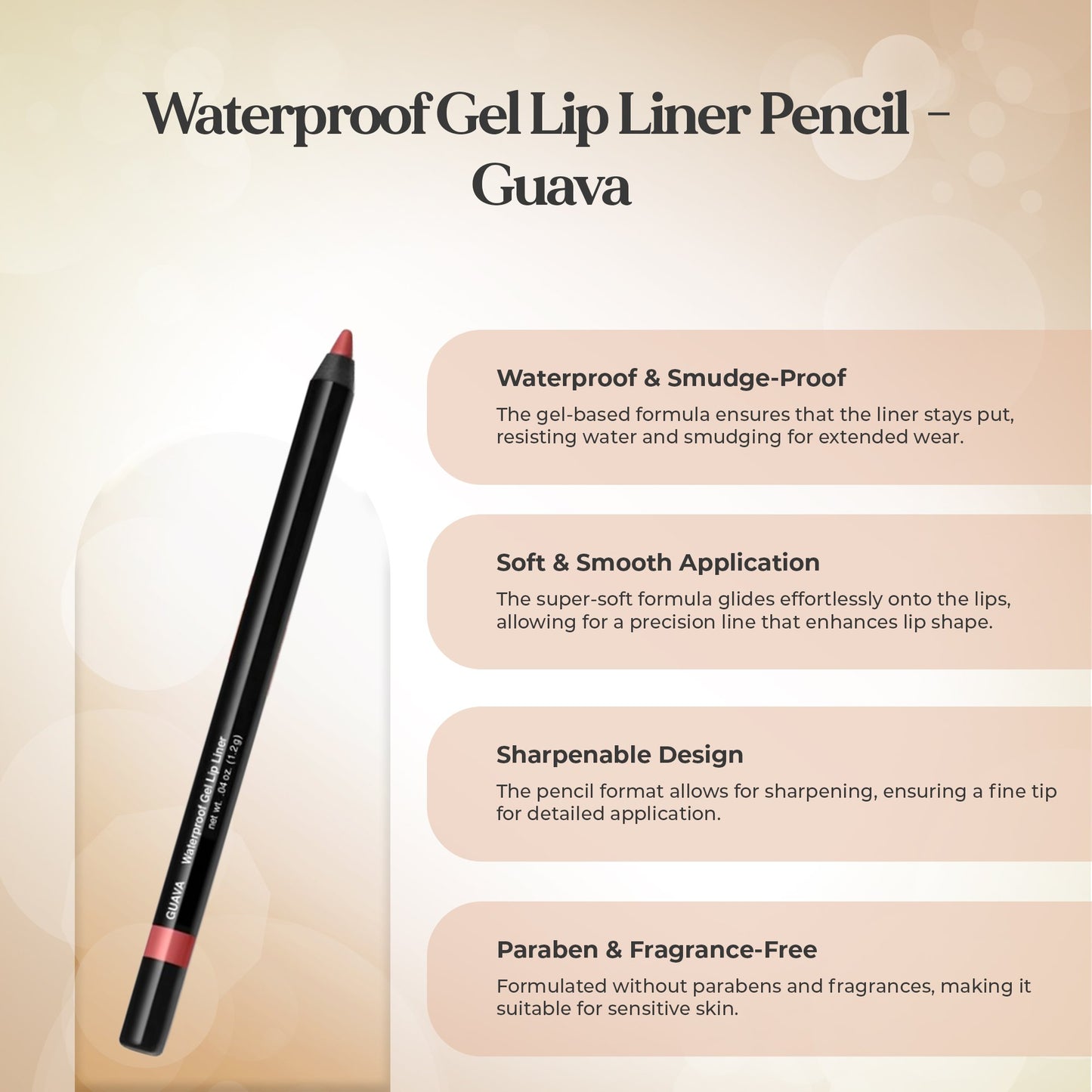 Waterproof Gel Lip Liner Pencil – Super Smooth Extra Long-Wear (Guava, 0.04 oz)