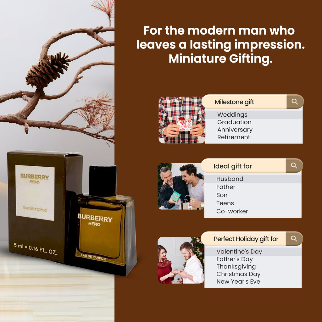 Burberry Hero EDP Mini Splash for Men 0.16 oz (5 ml) – Travel Size Designer Cologne, Woody Fragrance