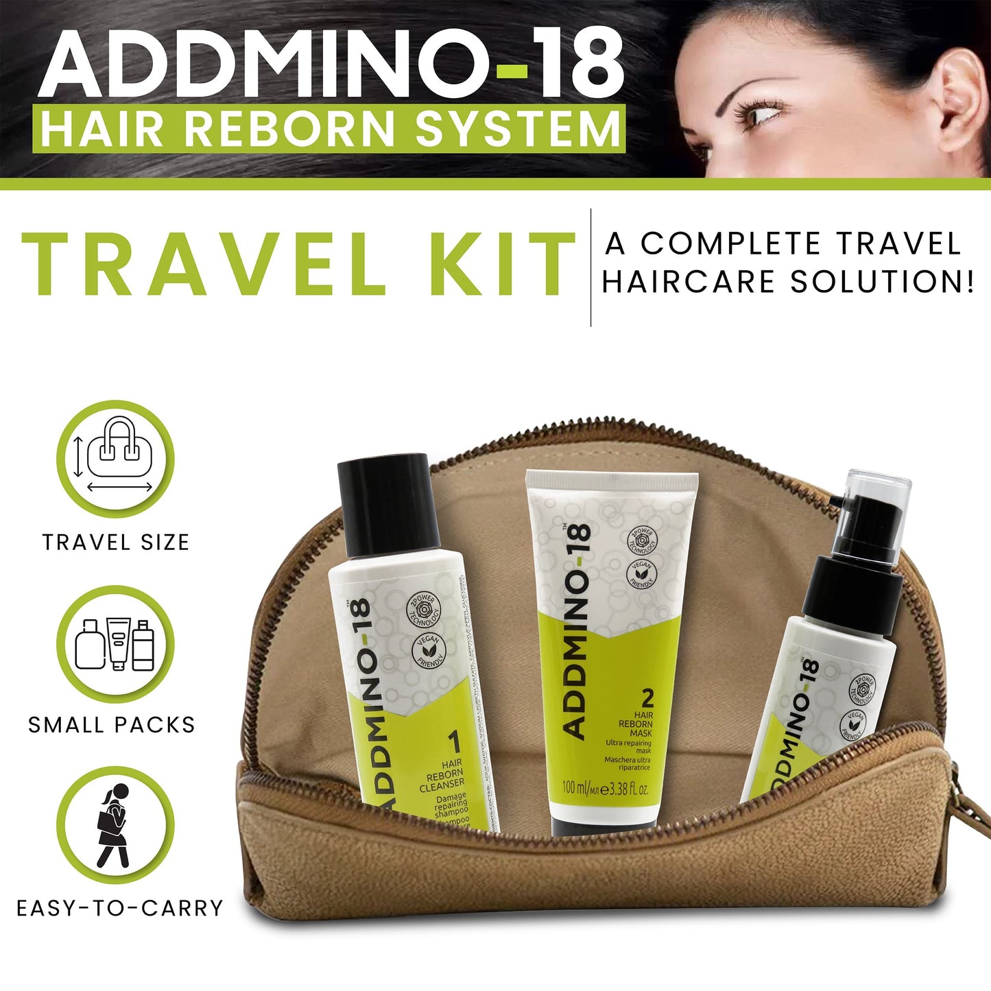 ADDMINO-18 Magic Hair Reborn Kit - Hair Shampoo, Mask & Leave in Conditioner Travel Set