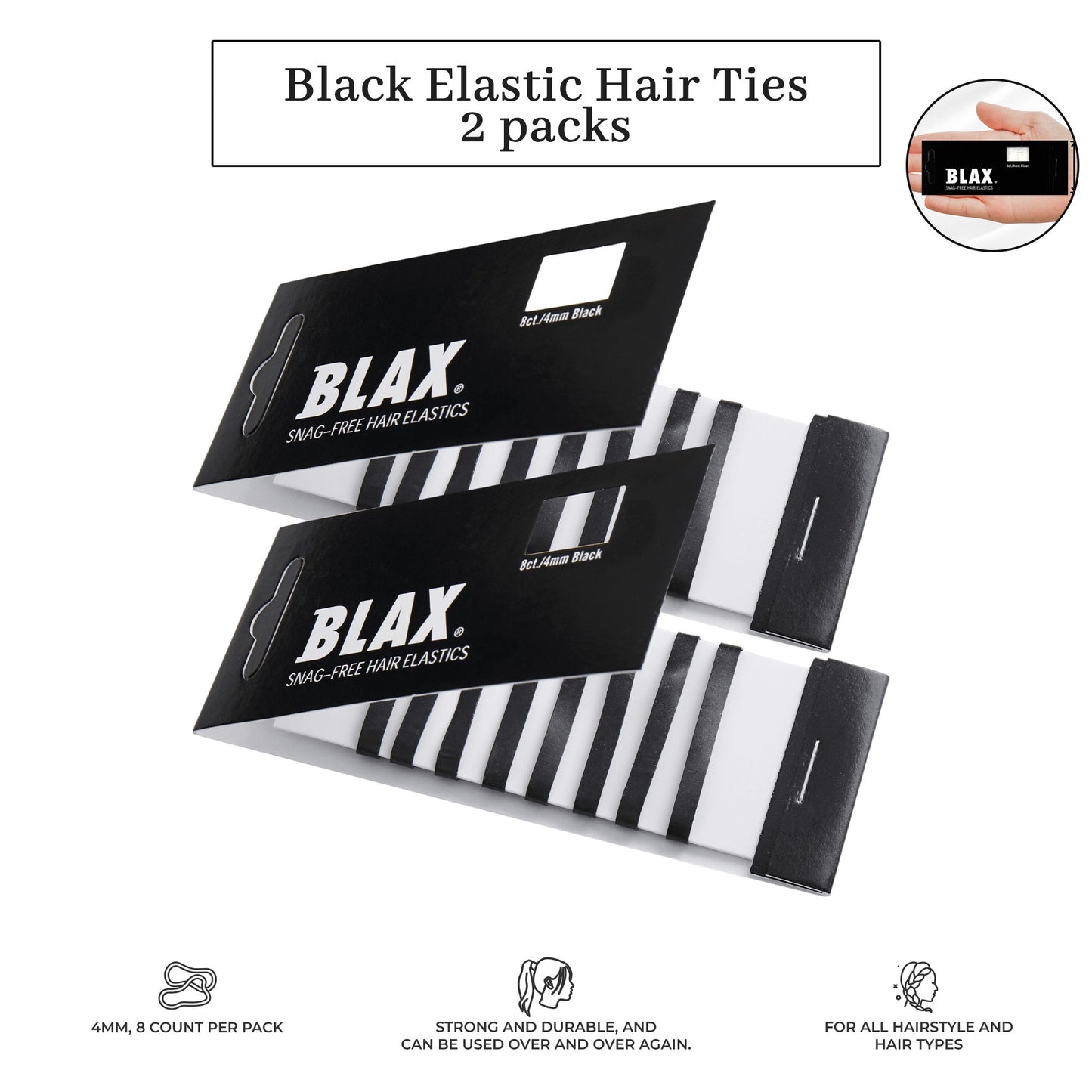 Blax Black Elastic Hair Ties - Snag-Free, Seamless, No-Damage Bands, 4mm 8 Count (2 Pack)