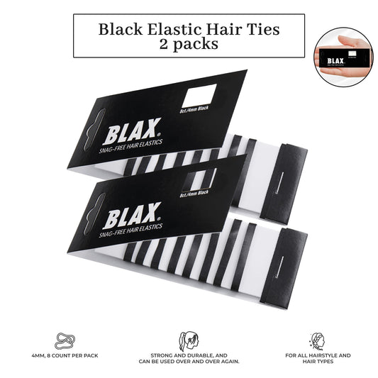 Blax Black Elastic Hair Ties - Snag-Free, Seamless, No-Damage Bands, 4mm 8 Count (2 Pack)