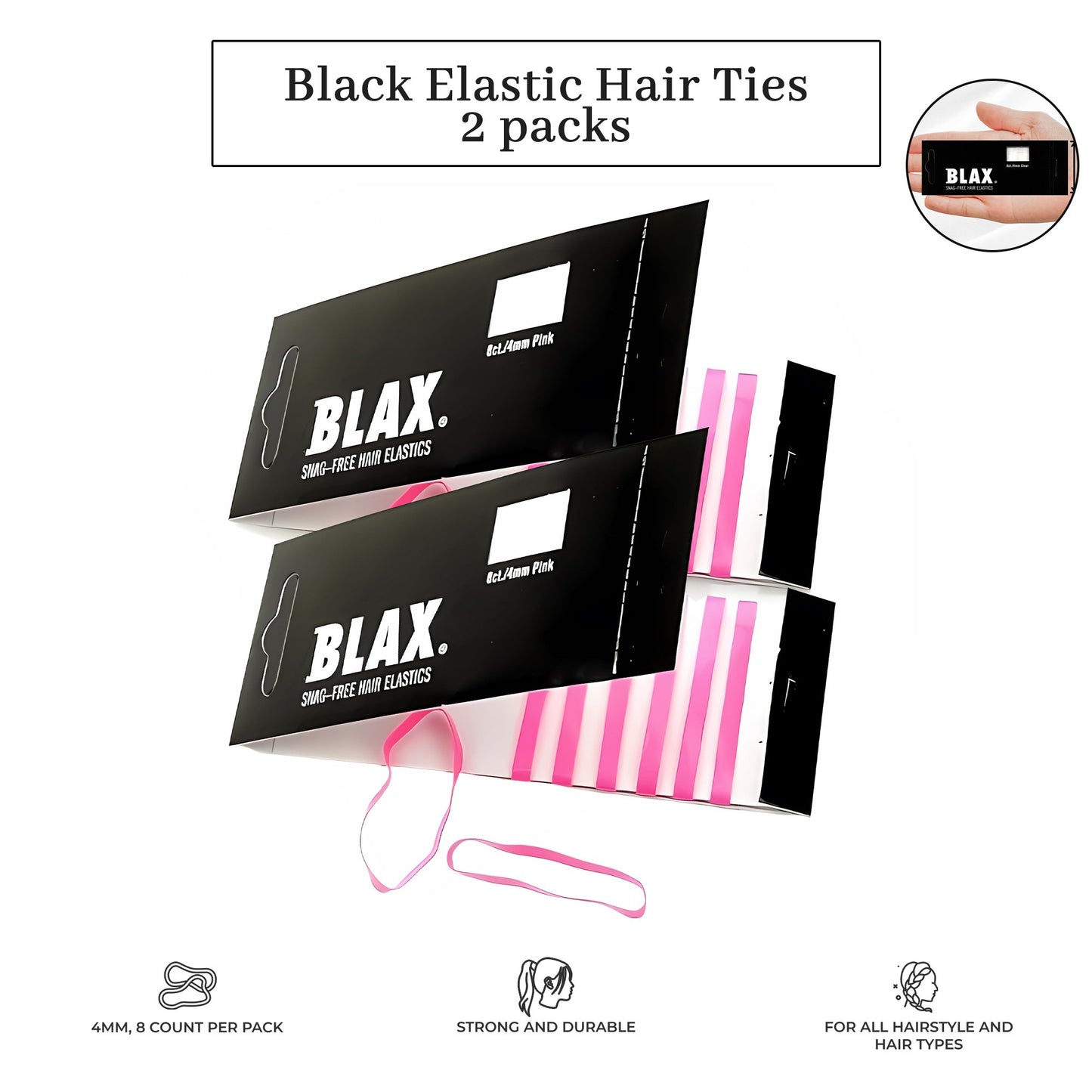 Blax Pink Hair Elastics – 4mm Snag-Free Seamless Hair Ties (8 Count, 2 Pack)