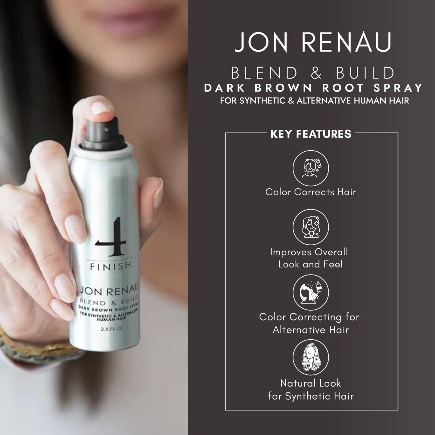 Jon Renau Blend and Build Root Touch Up - Root Spray for Human Hair, Wigs and Toppers - Dark Brown - 2.5 fl. oz. Also for Synthetic Wig and Extensions