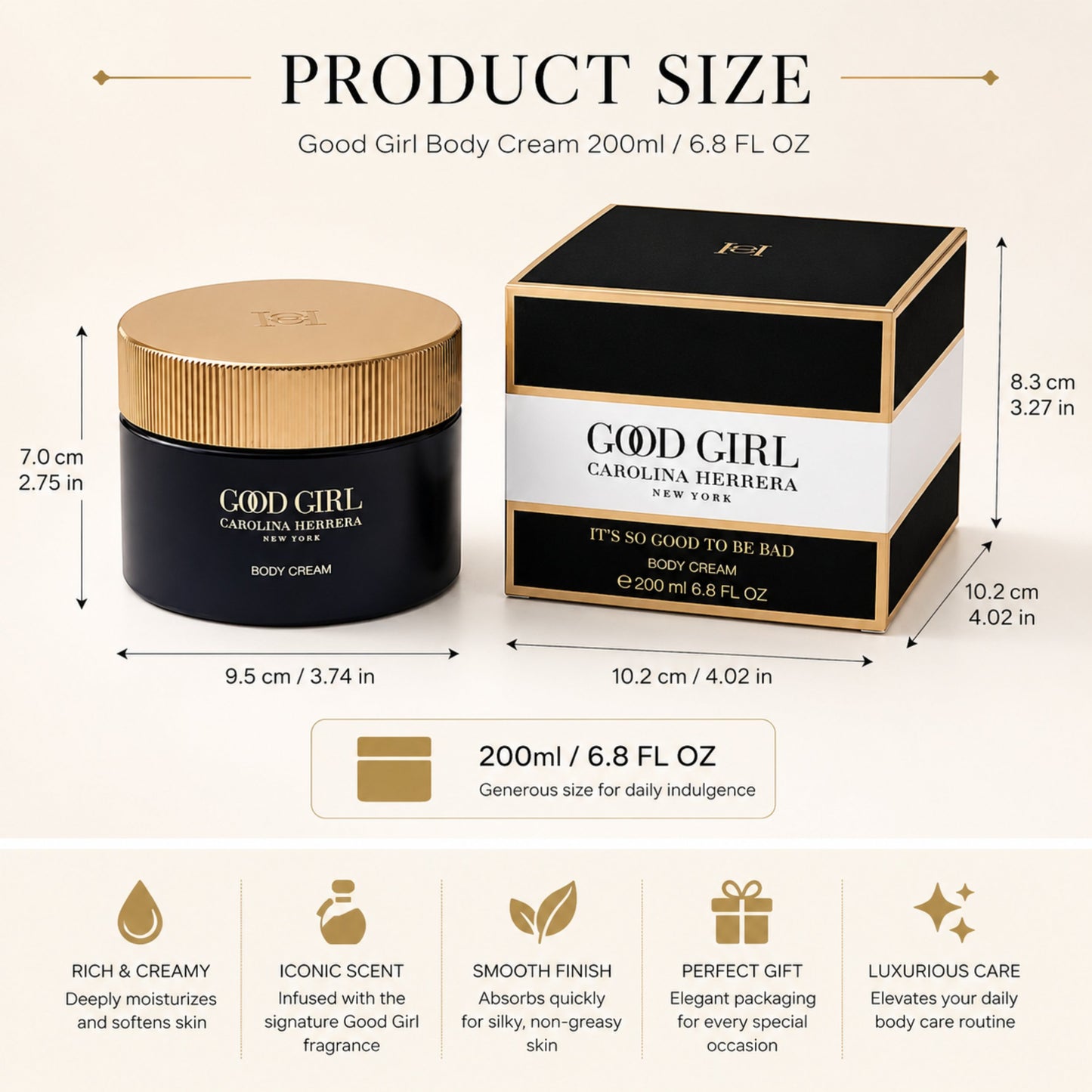 Carolina Herrera Good Girl Body Cream 6.8 Oz - Luxurious Moisturizer for All Skin Types - Non-Greasy & Fragrant