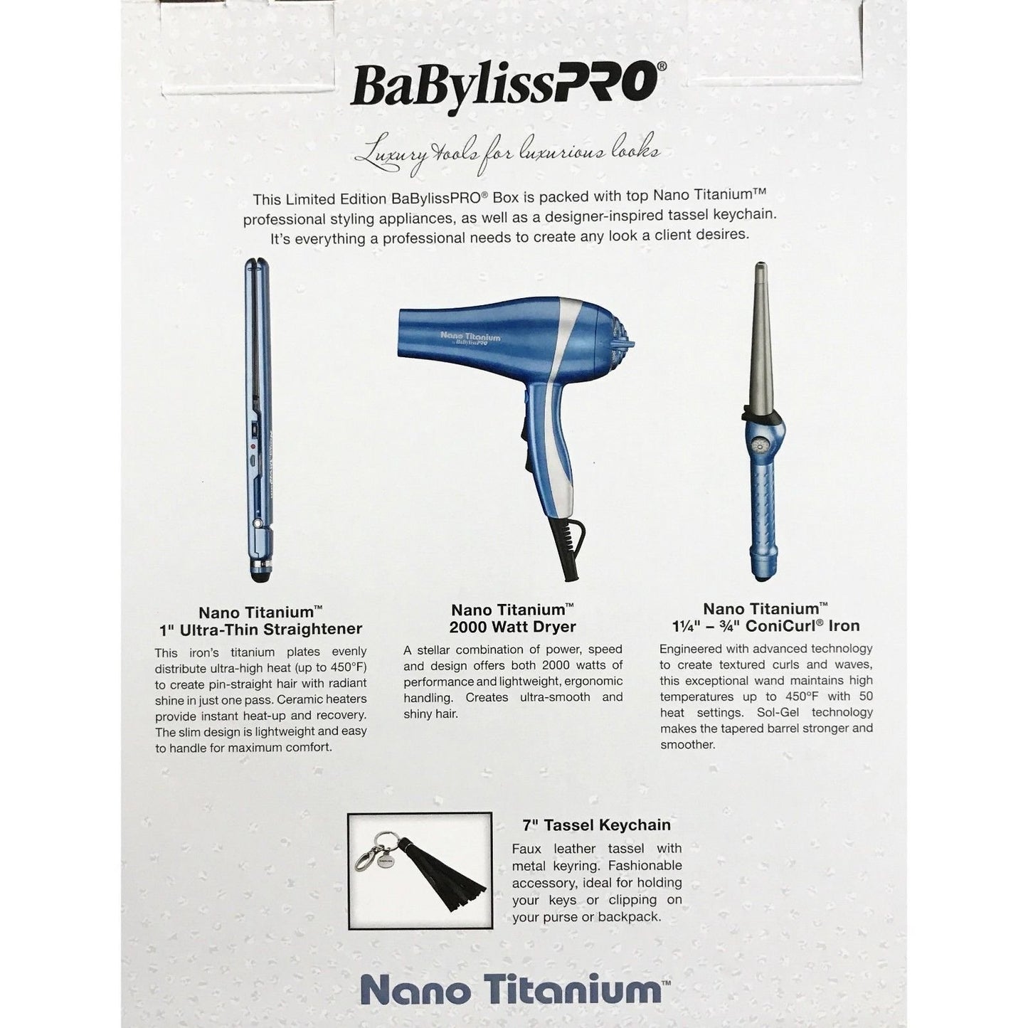 BabylissPro Nano Titanium Holiday Kit 2000W Dryer 1" Straightener Conicurl Iron